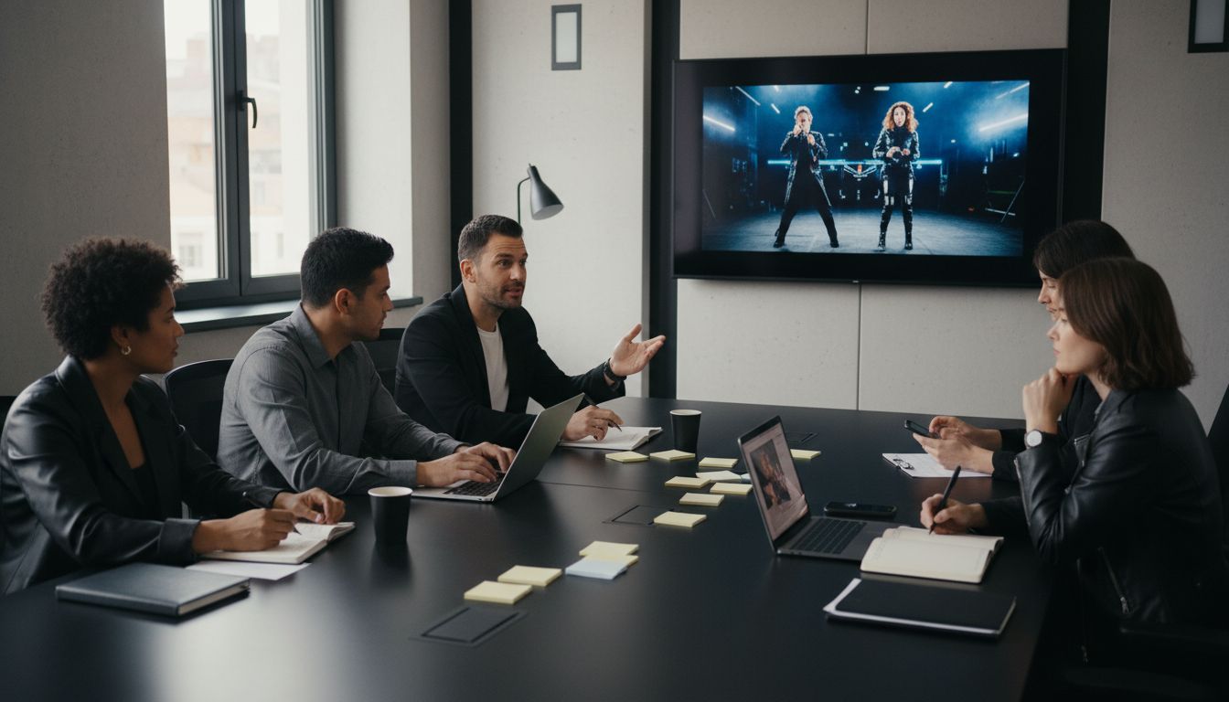 Eine Besprechung in einem modernen Konferenzraum mit einem Präsentationsbildschirm im Hintergrund.