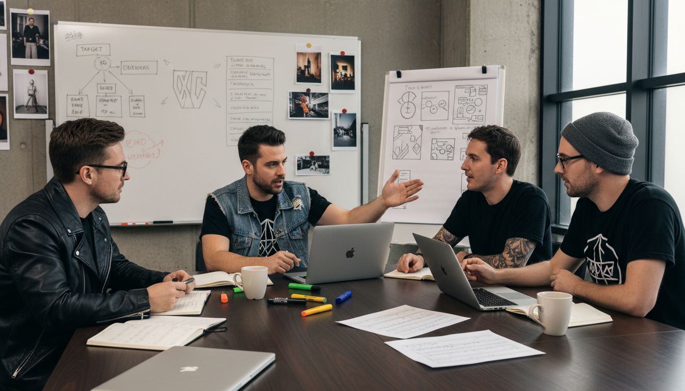 Vier Personen in einem Besprechungsraum, die an einem Tisch mit Laptops und Notizen arbeiten.