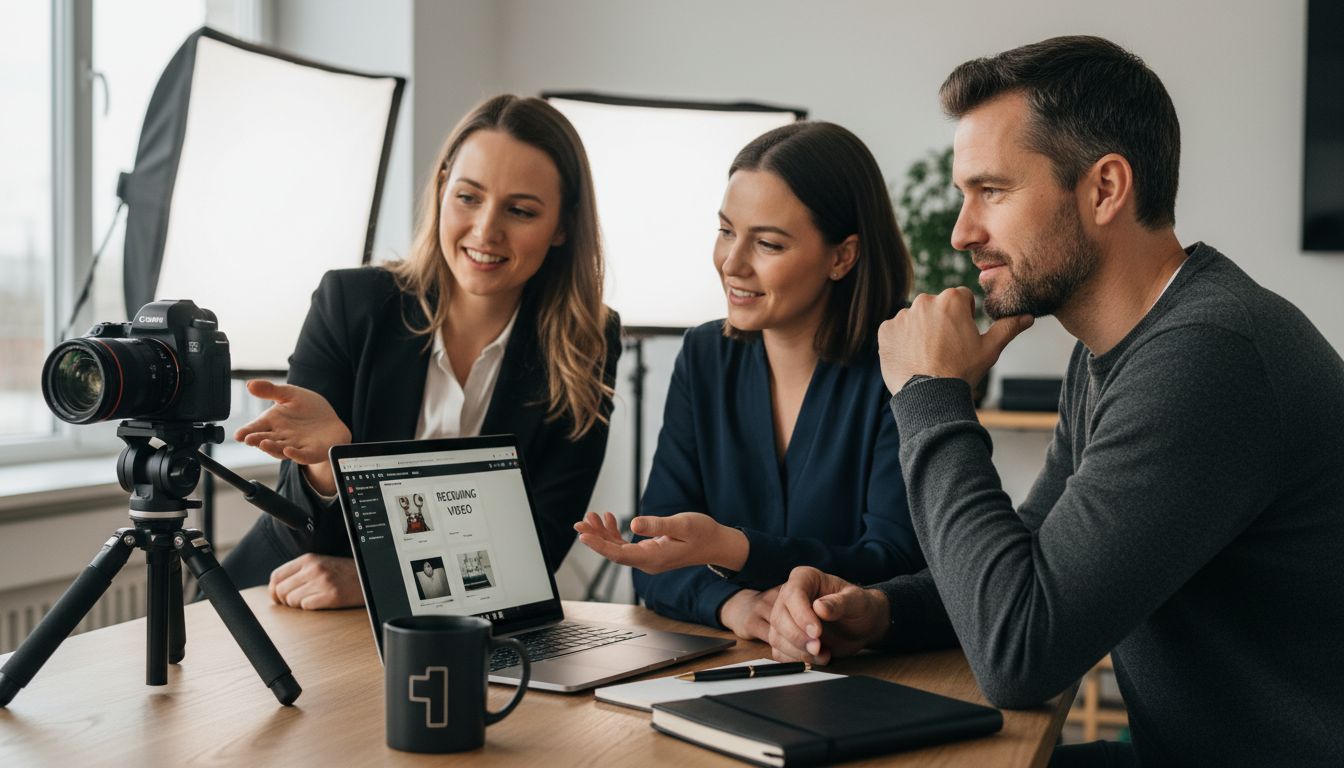 Drei Personen diskutieren über Inhalte auf einem Laptop, während eine Kamera auf einem Stativ steht.