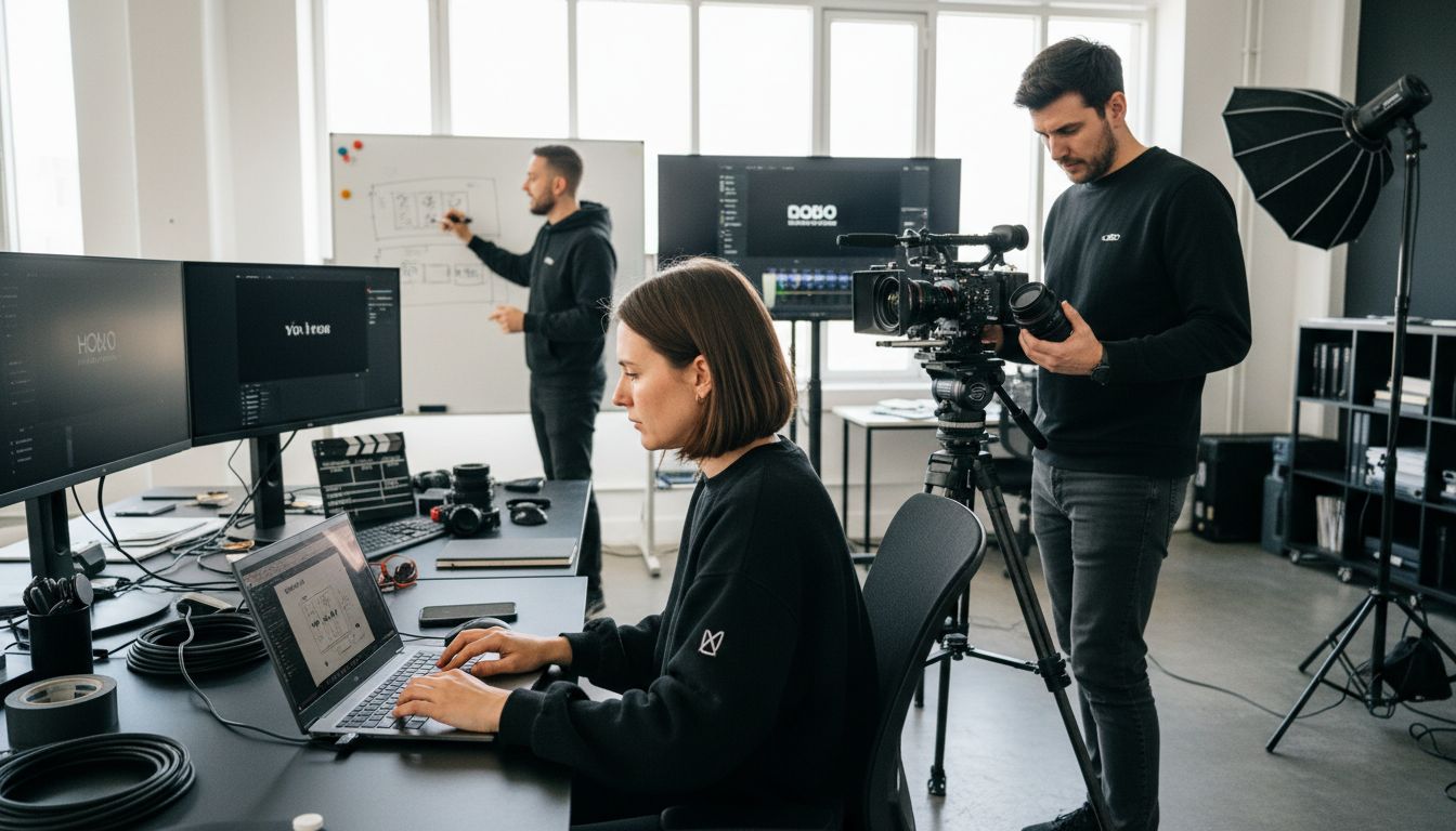 Eine Frau arbeitet am Laptop, während ein Mann mit einer Kamera und ein weiterer Mann am Whiteboard stehen.