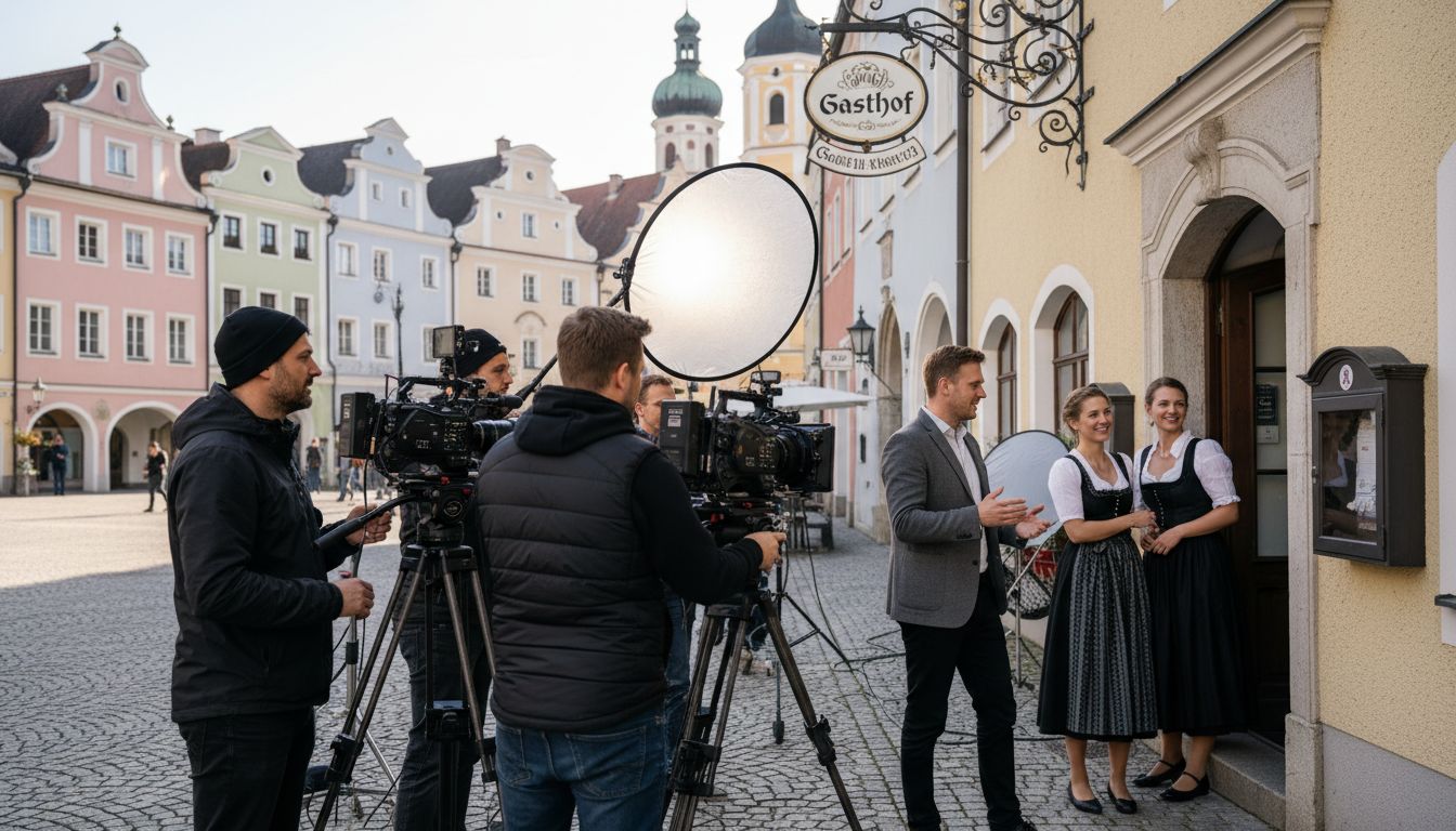 Filmteam dreht eine Szene vor einem Gasthof in einer historischen Stadt mit bunten Gebäuden.