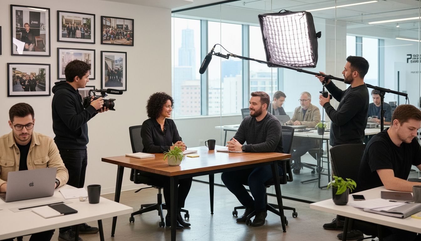 Zwei Personen sitzen an einem Tisch in einem modernen Büro, während eine Kamera und ein Mikrofon auf sie gerichtet sind.