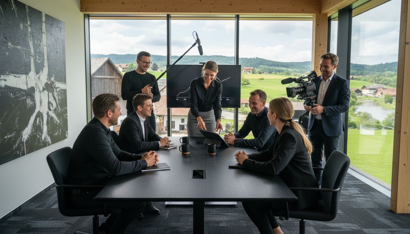 Besprechung in einem modernen Konferenzraum mit sechs Personen und einem Kamerateam.