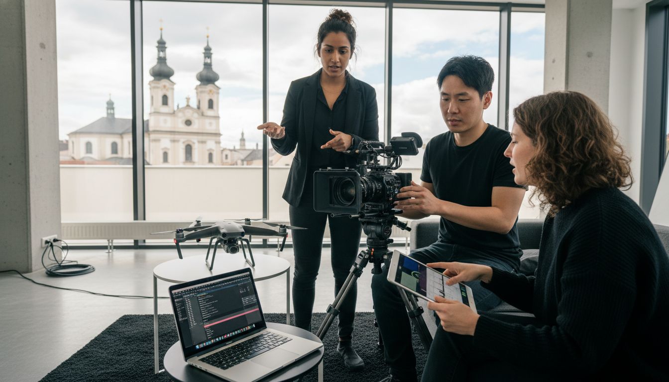 Drei Personen in einem modernen Raum, eine Frau erklärt, während ein Mann eine Kamera bedient und eine weitere Frau ein Tablet nutzt.