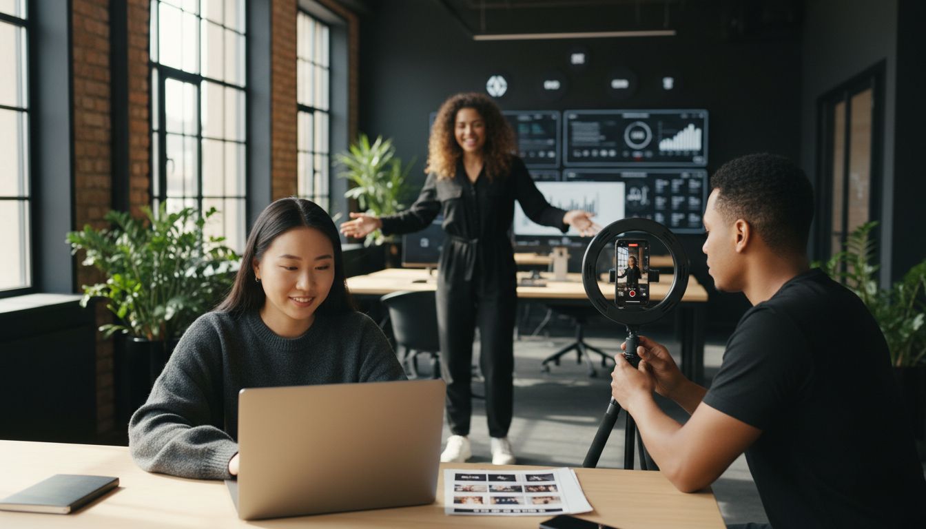 Eine Frau sitzt an einem Tisch mit Laptop, während ein Mann mit einer Kamera und Ringlicht eine andere Frau filmt.