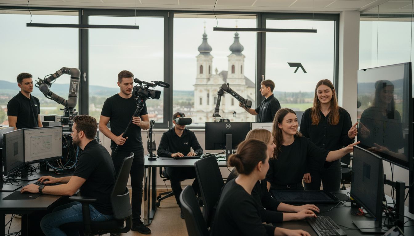 Ein Team von Fachleuten in einem modernen Büro, das an verschiedenen Technologien und Geräten arbeitet.