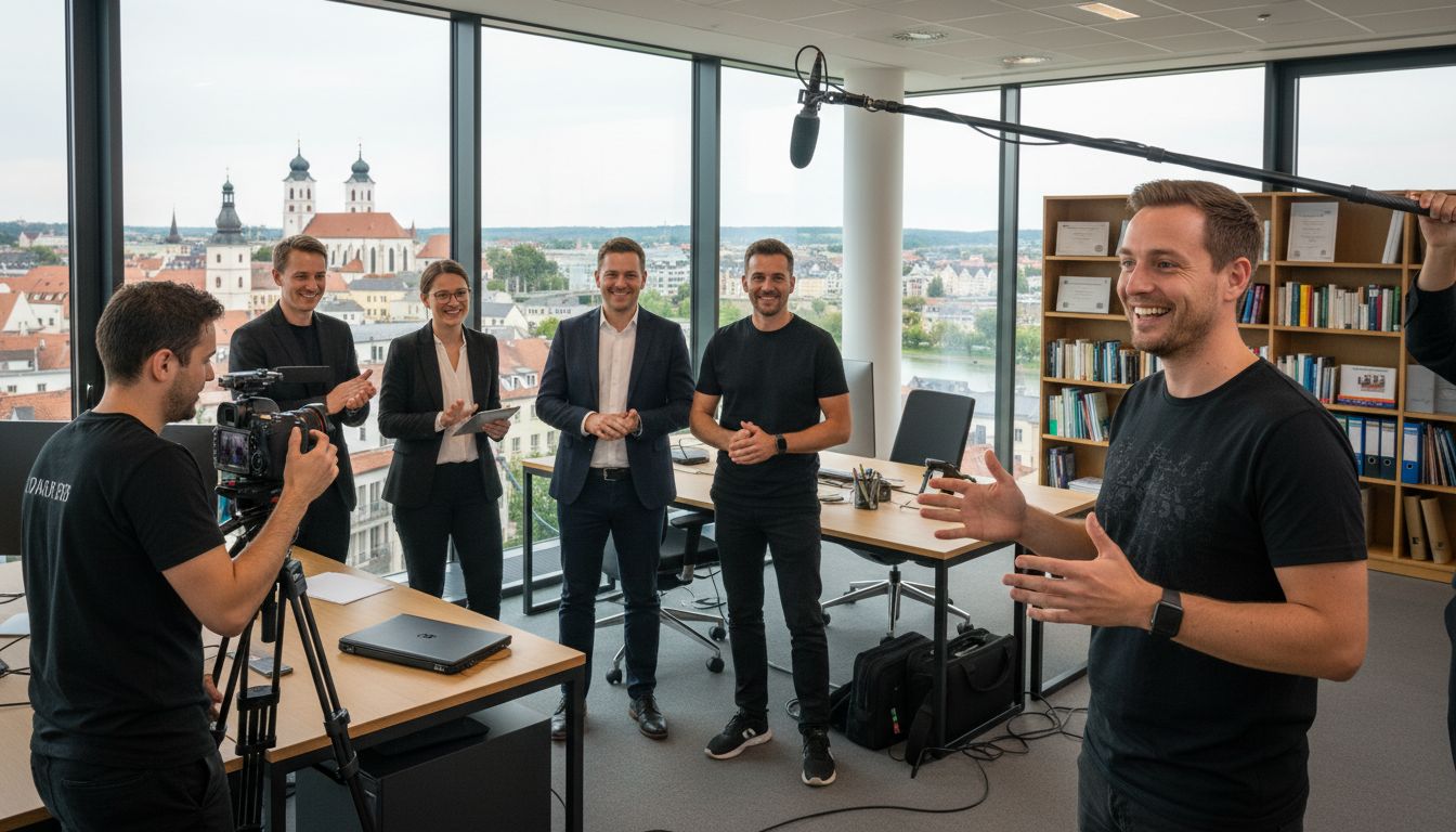 Gruppe von fünf Personen in einem modernen Büro, während einer Videoaufnahme mit Kamera und Mikrofon.