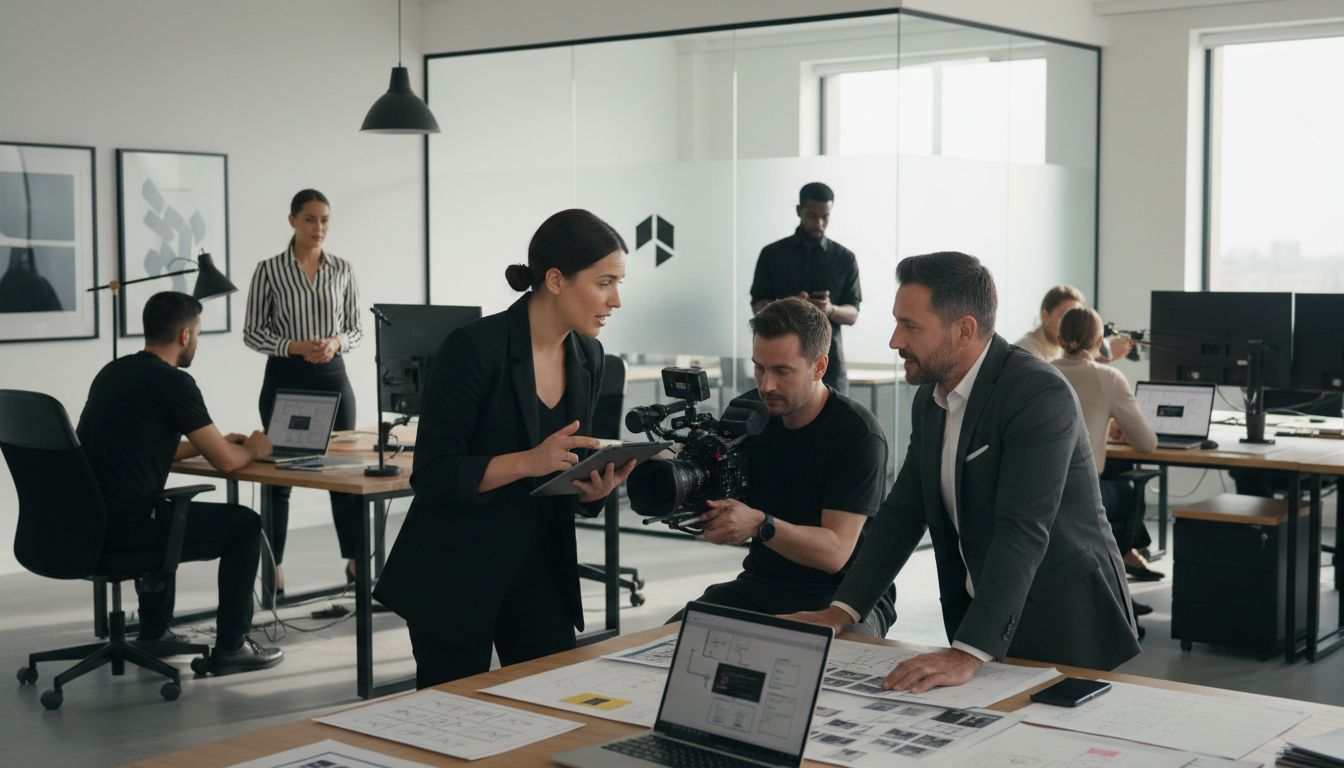 Eine Gruppe von Fachleuten in einem modernen Büro, die an einem Projekt arbeiten und eine Kamera verwenden.