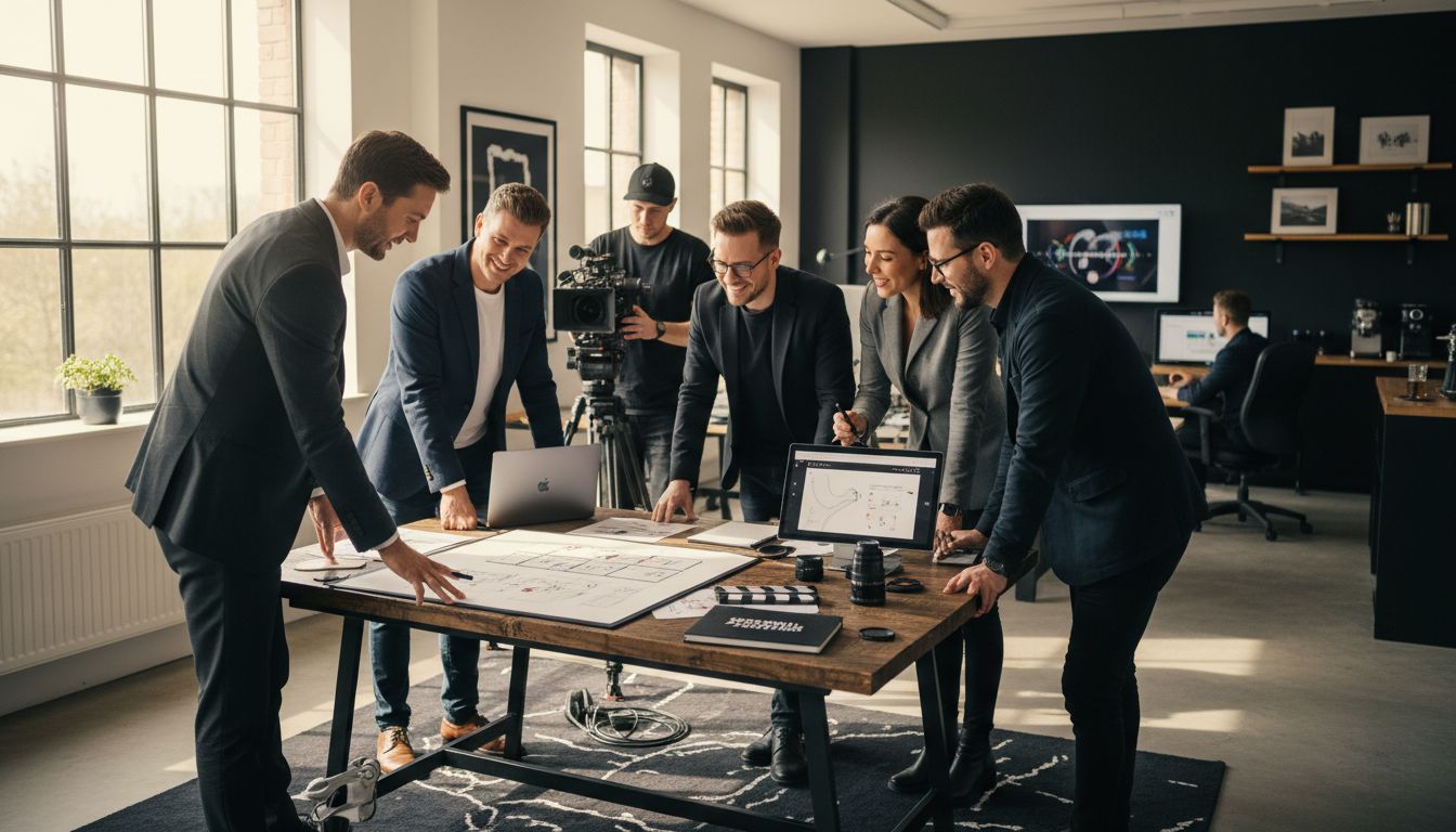 Sechs Personen in einem modernen Büro, die an einem Tisch mit Plänen und einem Laptop arbeiten.