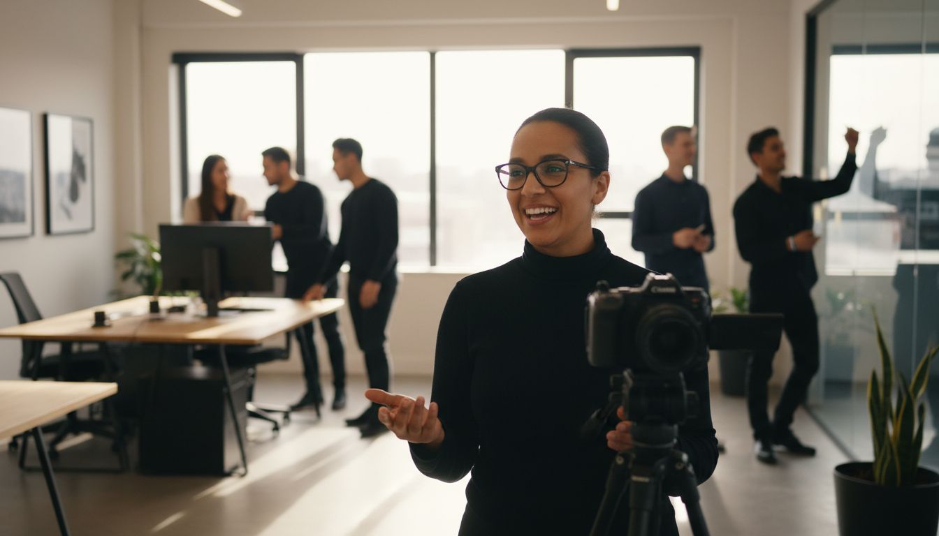 Frau mit Brille hält eine Kamera in einem modernen Büro mit mehreren Personen im Hintergrund.