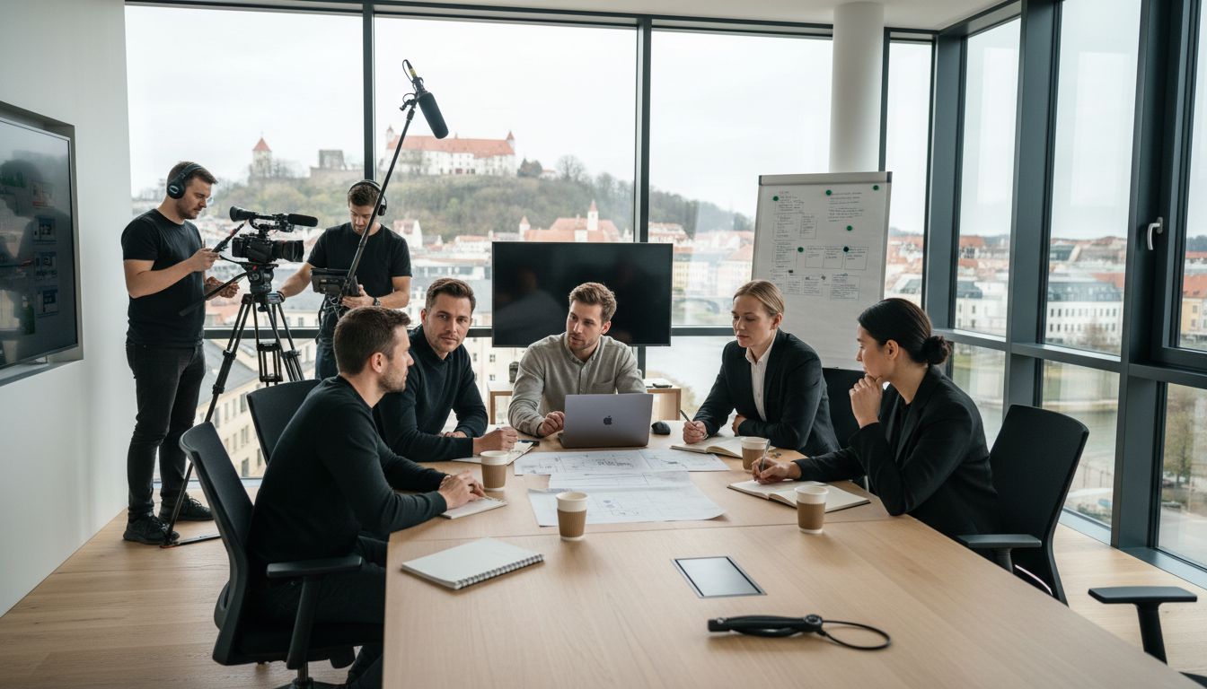 Besprechung mit fünf Personen an einem Tisch in einem modernen Büro mit einem Kamerateam im Hintergrund.