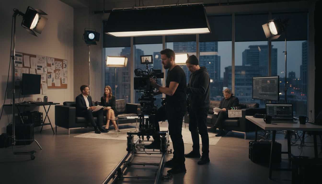 Filmteam bei der Arbeit in einem modernen Studio mit Kameras und Beleuchtungseinrichtungen.