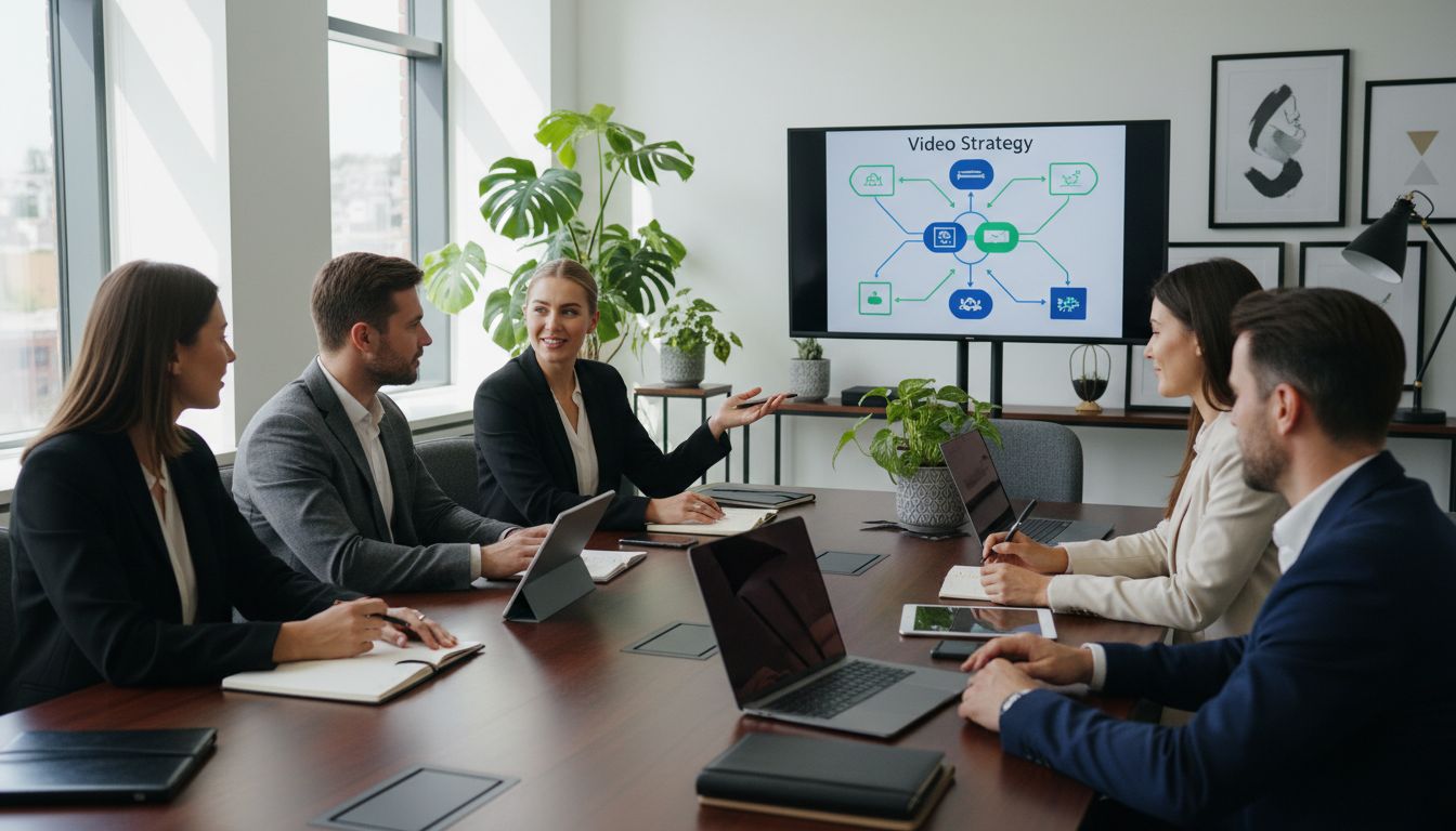 Gruppendiskussion in einem Konferenzraum mit Präsentation zur Video-Strategie auf einem Bildschirm.