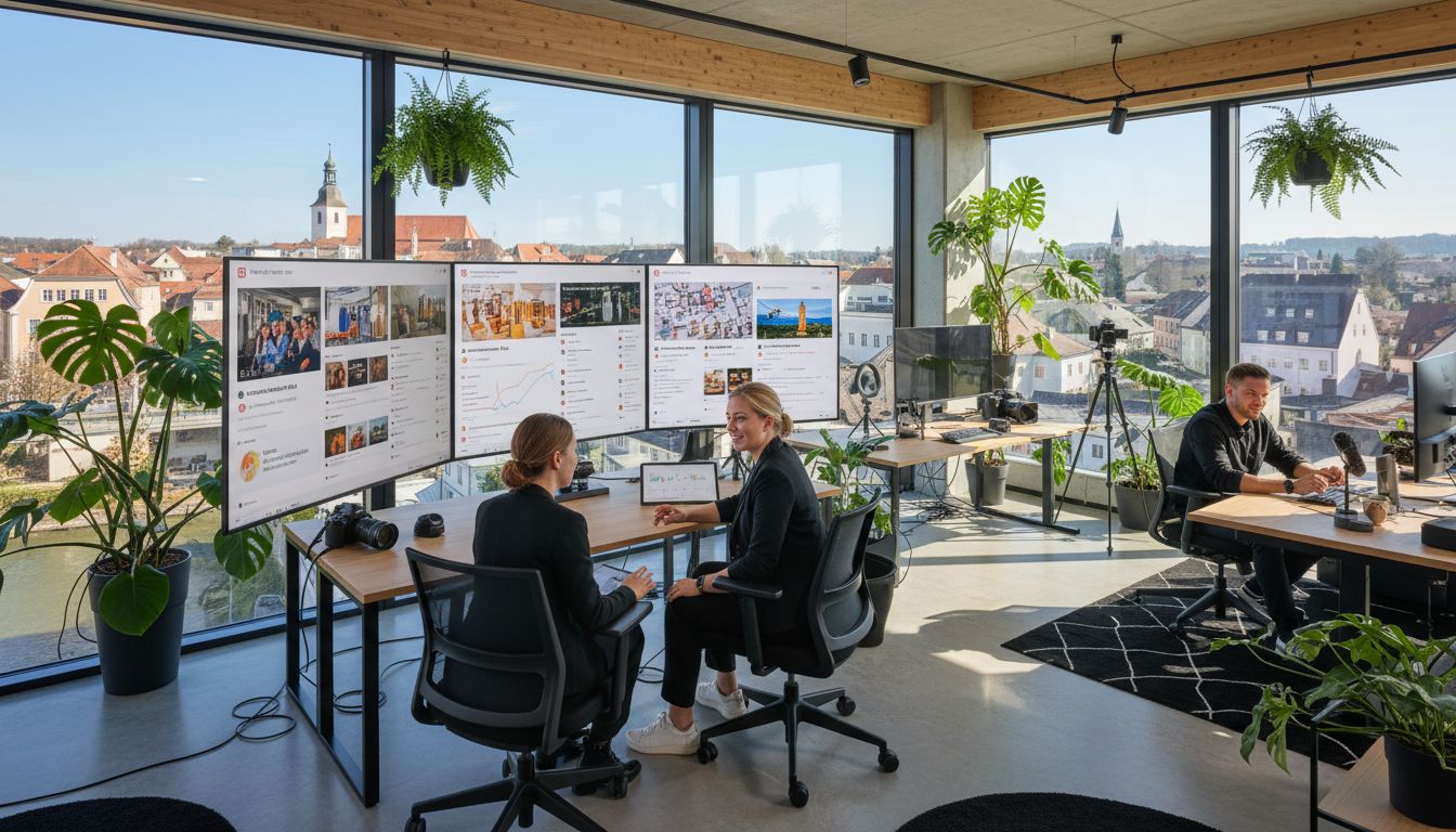Zwei Personen im Büro, die an einem Tisch mit mehreren Bildschirmen arbeiten und digitale Inhalte besprechen.