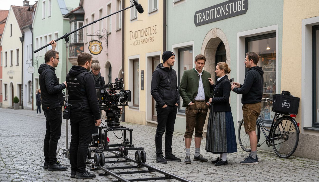 Filmcrew bei der Arbeit in einer malerischen Straße mit historischen Gebäuden und einem Kamerawagen.