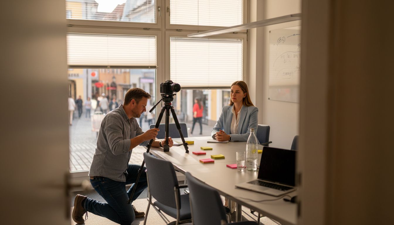 Ein Mann stellt eine Kamera auf einem Stativ in einem Besprechungsraum mit einer Frau am Tisch ein.